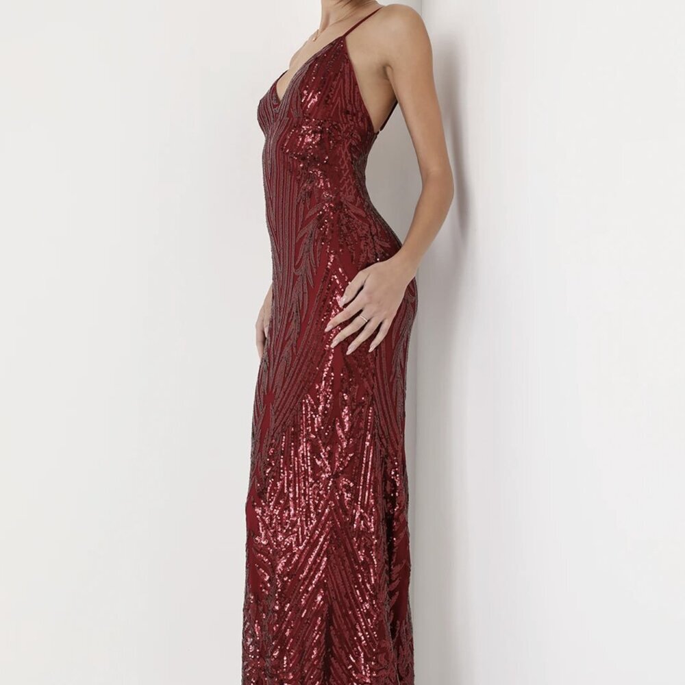 NWT Lulus Ever So Elegant Shiny Burgundy Sequin Mermaid Maxi Dress - Picture 4 of 9